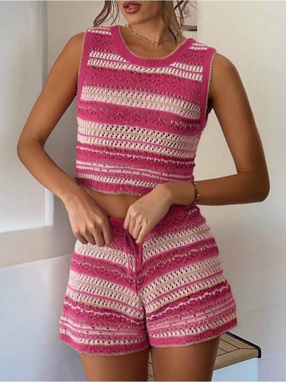 Hot Pink & White Crochet Two-Piece Tank and Shorts Set Bathing Suit Cover Up - Picture 5 of 8